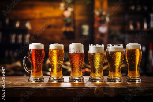 Food and drink concept. Set of drinking glasses filled with various types of beer and placed and rural wooden background with copy space. Generative AI