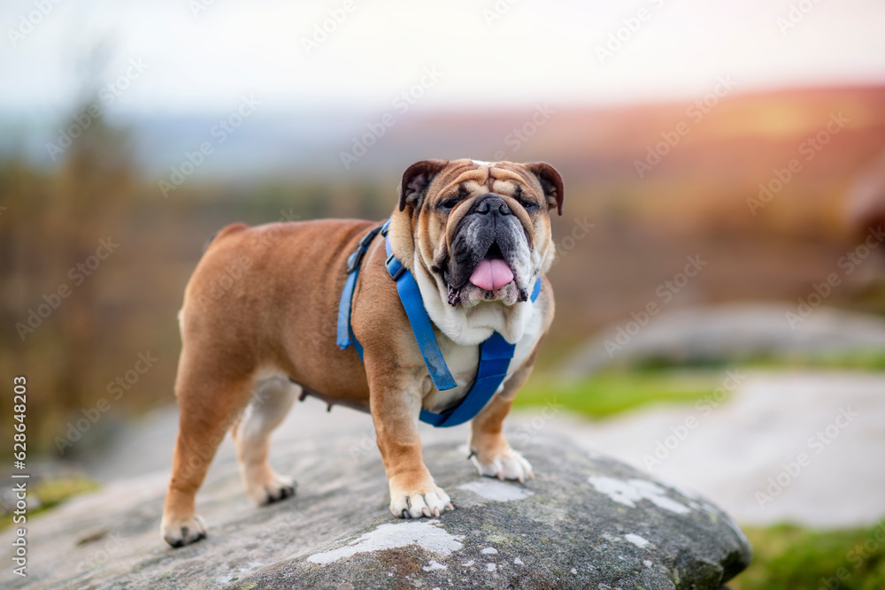 English bulldog on top of mountain sitting on top of mountain at Peak District on a sunny warm day.