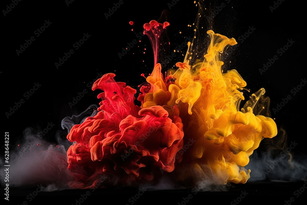 Vivid red on the yellow colors splashes blew up Vivid red on the yellow colors splashes blew up