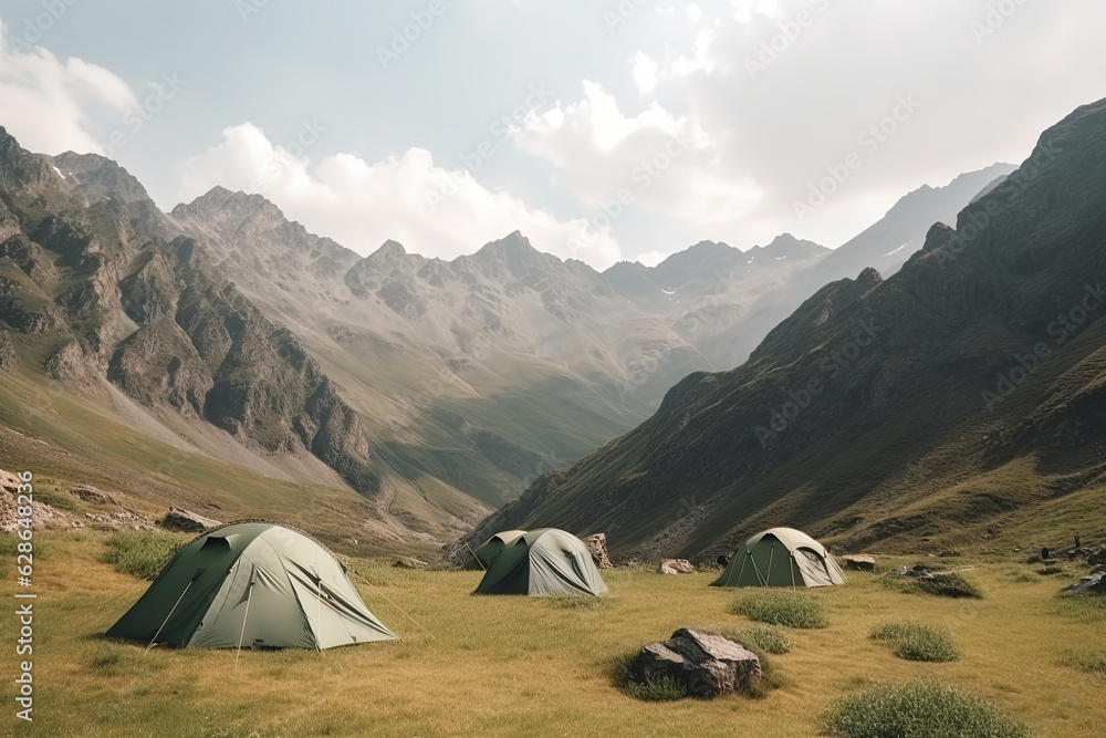 tourist tents in a valley in mountains tourist tents in a valley in mountains