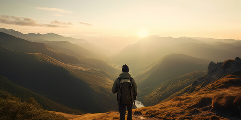 lonely tourist with backpack in the mountains looking at Valley at sunset
