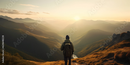 Fototapeta lonely tourist with backpack in the mountains looking at Valley at sunset