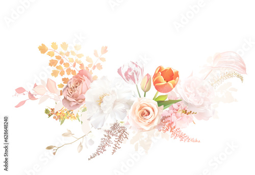 Gold, blush, beige, white rose, peony, orange tulips, ranunculus, hydrangea flower, fall leaves, fern