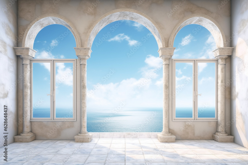 Window overlooking ocean or sea panoramic view, in the style of soft, romantic landscapes, nostalgic mood, muted blue and white colors. Renaissance style. Generative AI