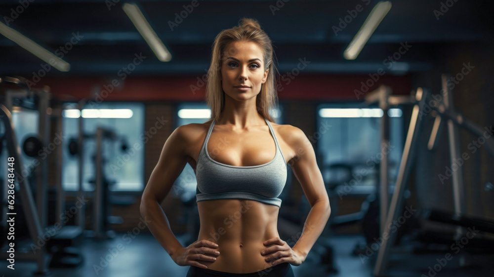 Portrait young girl in GYM. Bodybuilder woman with muscle. Female top close up.