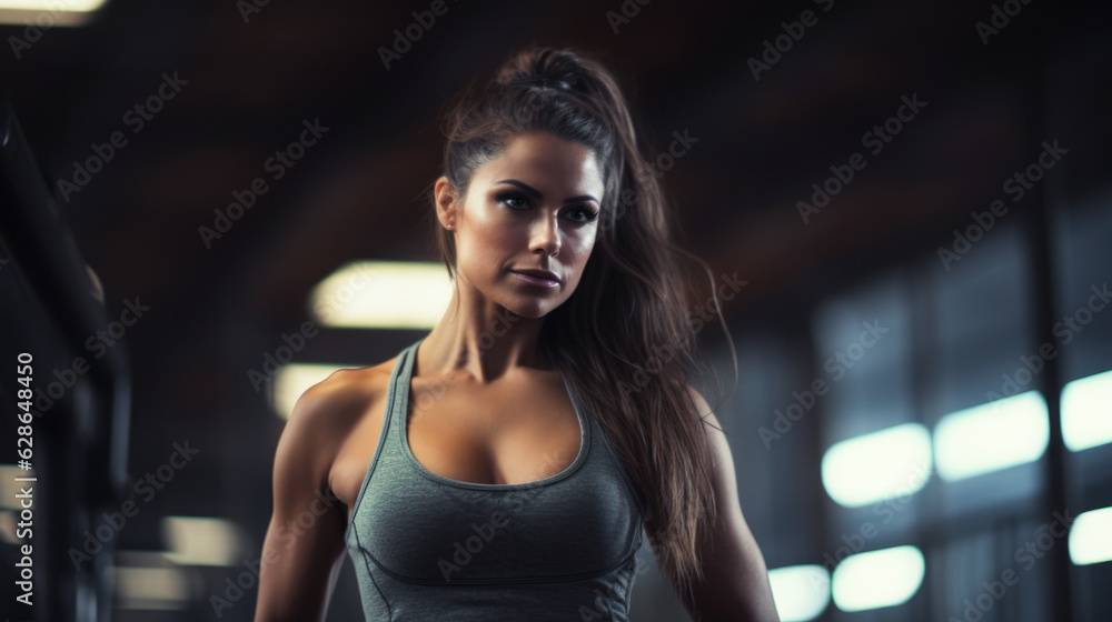 Portrait young girl in GYM. Bodybuilder woman with muscle. Female top close up.