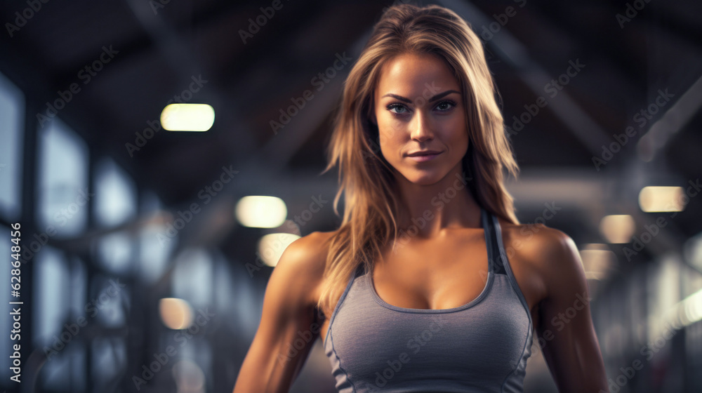 Portrait young girl in GYM. Bodybuilder woman with muscle. Female top close up. Portrait young girl in GYM. Bodybuilder woman with muscle. Female top close up.