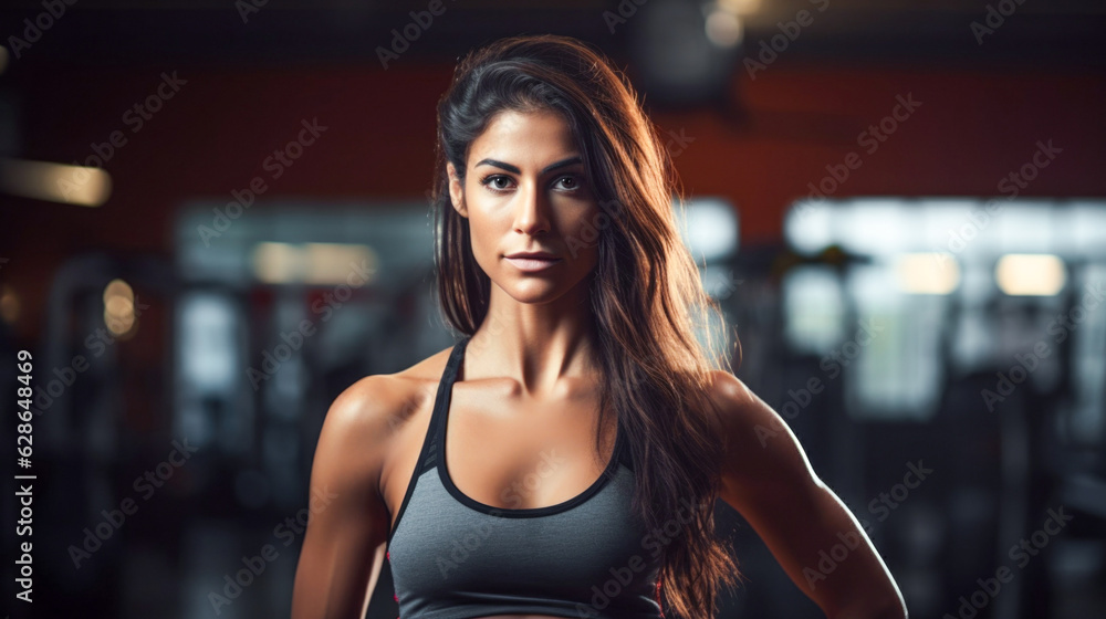 Portrait young girl in GYM. Bodybuilder woman with muscle. Female top close up.