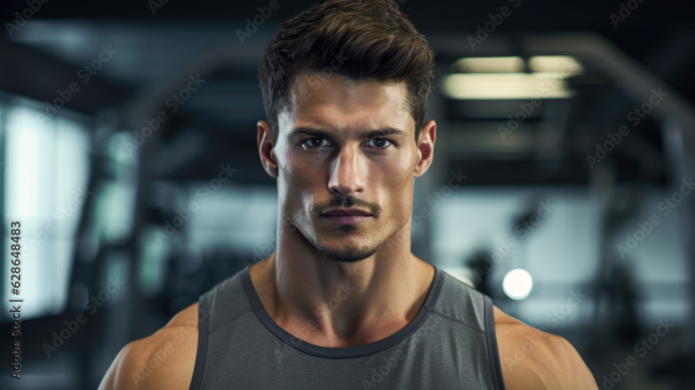 Portrait young man in GYM. Bodybuilder with muscle. Top close up. Portrait young man in GYM. Bodybuilder with muscle. Top close up.