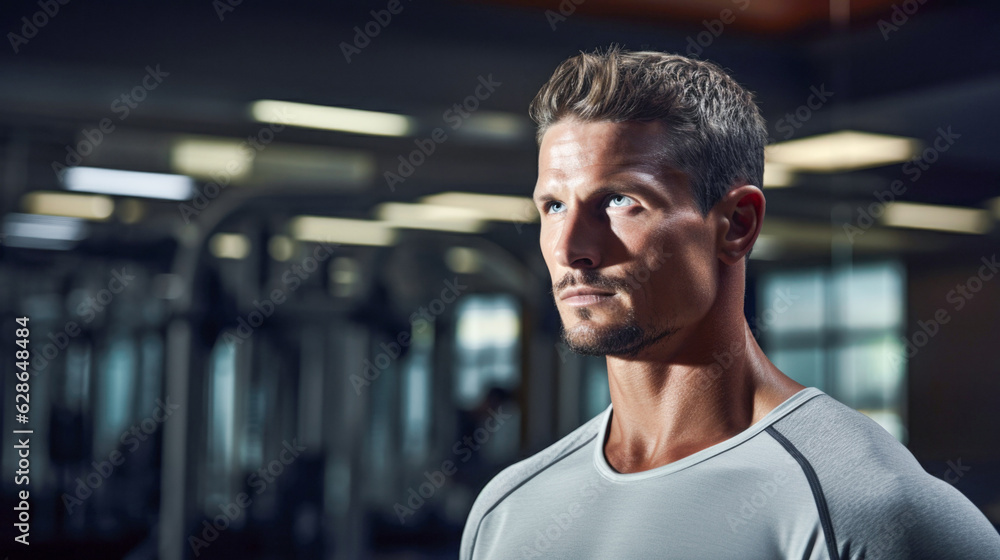 Portrait young man in GYM. Bodybuilder with muscle. Top close up.