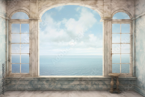 Window overlooking ocean or sea panoramic view, in the style of soft, romantic landscapes, nostalgic mood, muted blue and white colors. Renaissance style. Generative AI