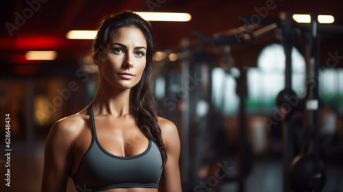 Portrait young girl in GYM. Bodybuilder woman with muscle. Female top close up.