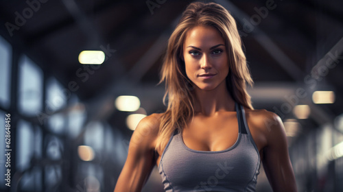 Portrait young girl in GYM. Bodybuilder woman with muscle. Female top close up.