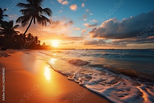 Sandy Beach with Palm Trees by the Ocean. AI