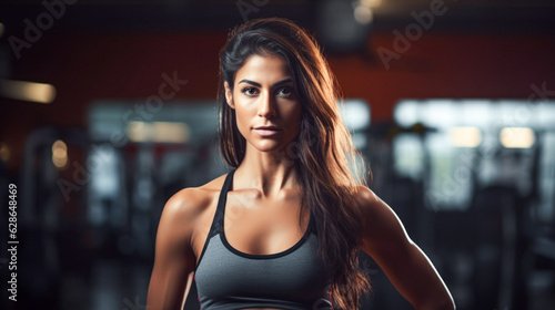 Portrait young girl in GYM. Bodybuilder woman with muscle. Female top close up. © Vladyslav
