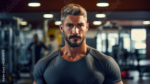 Portrait young man in GYM. Bodybuilder with muscle. Top close up.