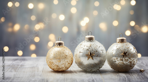 Christmas ornaments against shiny background. Glittering New Year silver decorations. Shiny silver christmas balls on bokeh background, copy space for text for greetings. Winter holiday banner