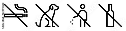 No smoking, dogs, trash, alcohol outline icons