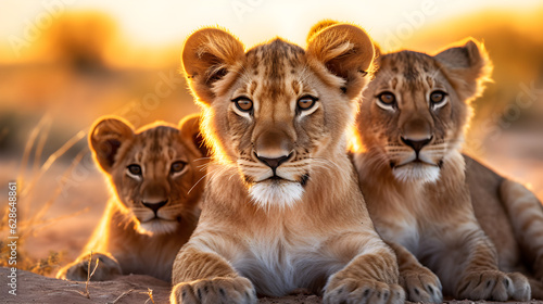 amazing coalition of young lions , paying close attention to the camera in the desert, Generative AI © Yuriy Maslov