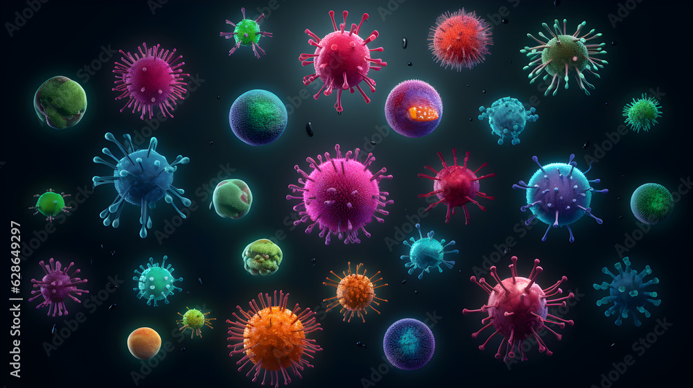 collection of viruses and bacteria on a dark background, colorful colors, Generative AI collection of viruses and bacteria on a dark background, colorful colors, Generative AI