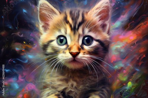 Portrait of a kitten cat created with bright paint splatters