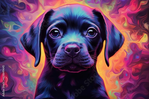 Bright abstract art - portrait of a puppy painted with splashes and splatters of paint