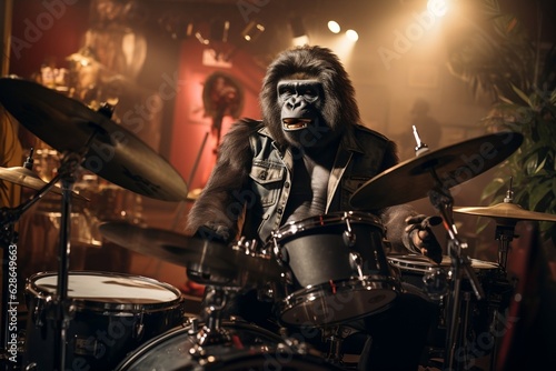 Gorilla Musician Drumming in a Band. AI