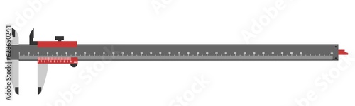 A Vernier caliper isolated on white background.. Its a visual aid to take an accurate measurement reading between two graduation markings on a linear scale by using mechanical interpolation photo