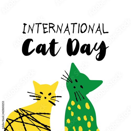 International Cat Day illustration with textured cute cats in yellow green color
