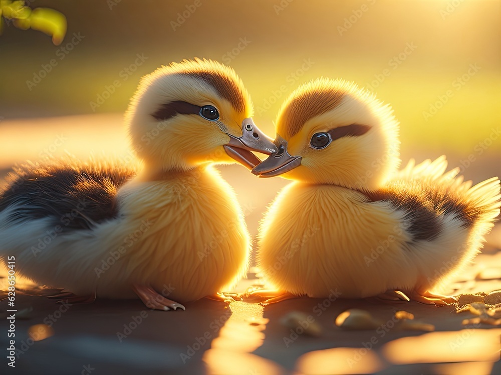 A cute little two ducklings hug each other. ai generative A cute little two ducklings hug each other. ai generative