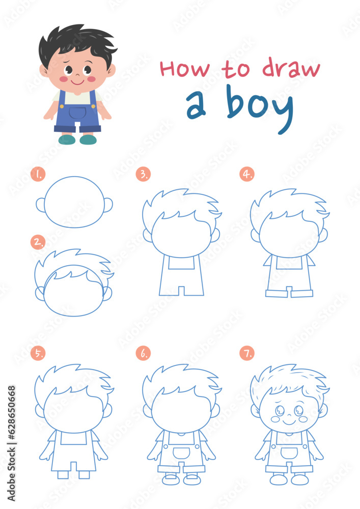 How to draw a boy vector illustration. Draw a boy step by step. Cute