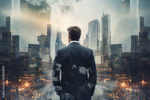Business man with suit standing in grace pose and looking cityscape background. Successful businessman concept. Double exposure sunset or sunrise effect. Generative AI