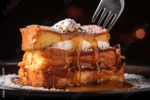 close-up of fork into french toast photo