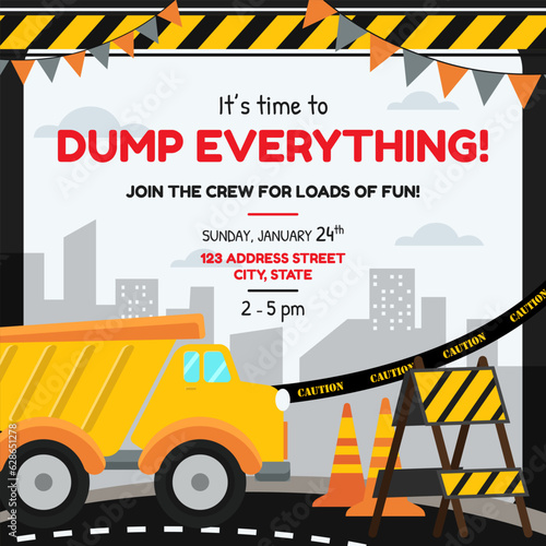 Construction Dump Truck Themed Party Invitation Card Vector Illustration © artisticco
