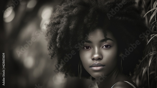 A casual portrait of a beautiful black woman's face with beautiful full hair and facing the viewer.  © Daniel L