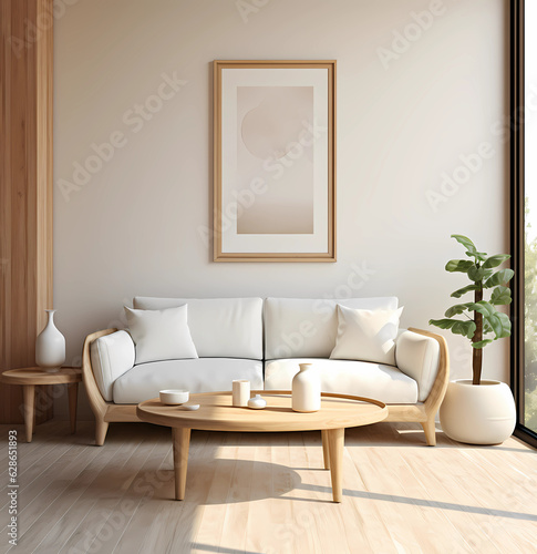 Minimalist Living Room Mockup: UHD Image with White Sofa, Modern Lamps, Wood Tables, Artist's Frame, and Folk-Inspired Rounded Mirror Rooms