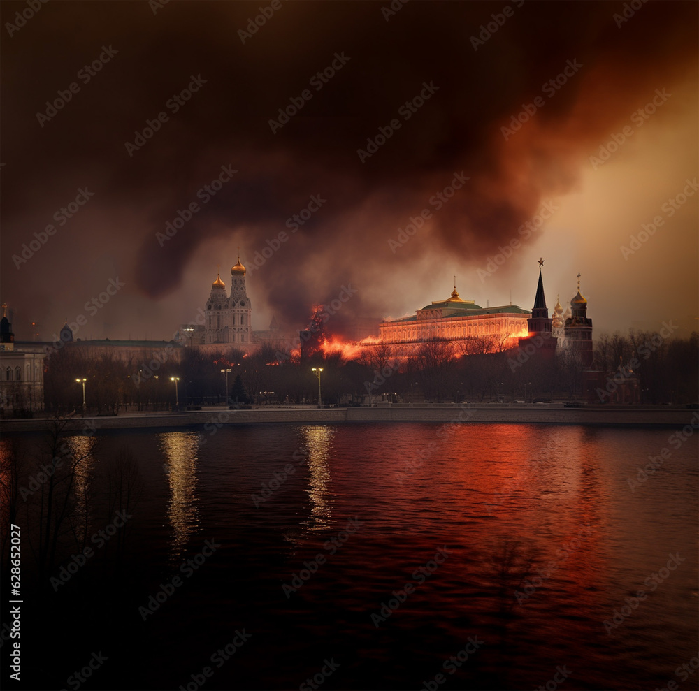 Moscow in fire, Kremlin. AI generative content