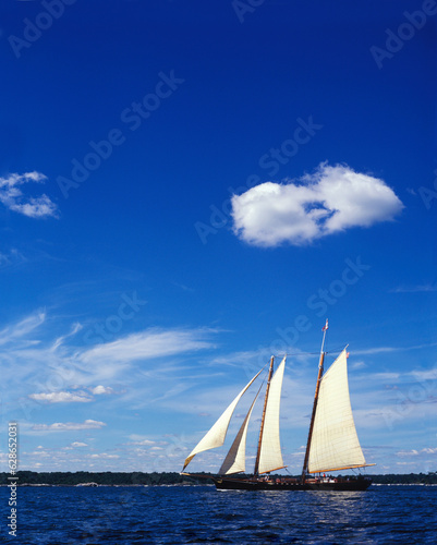 Sailboat on ocean with blue sky