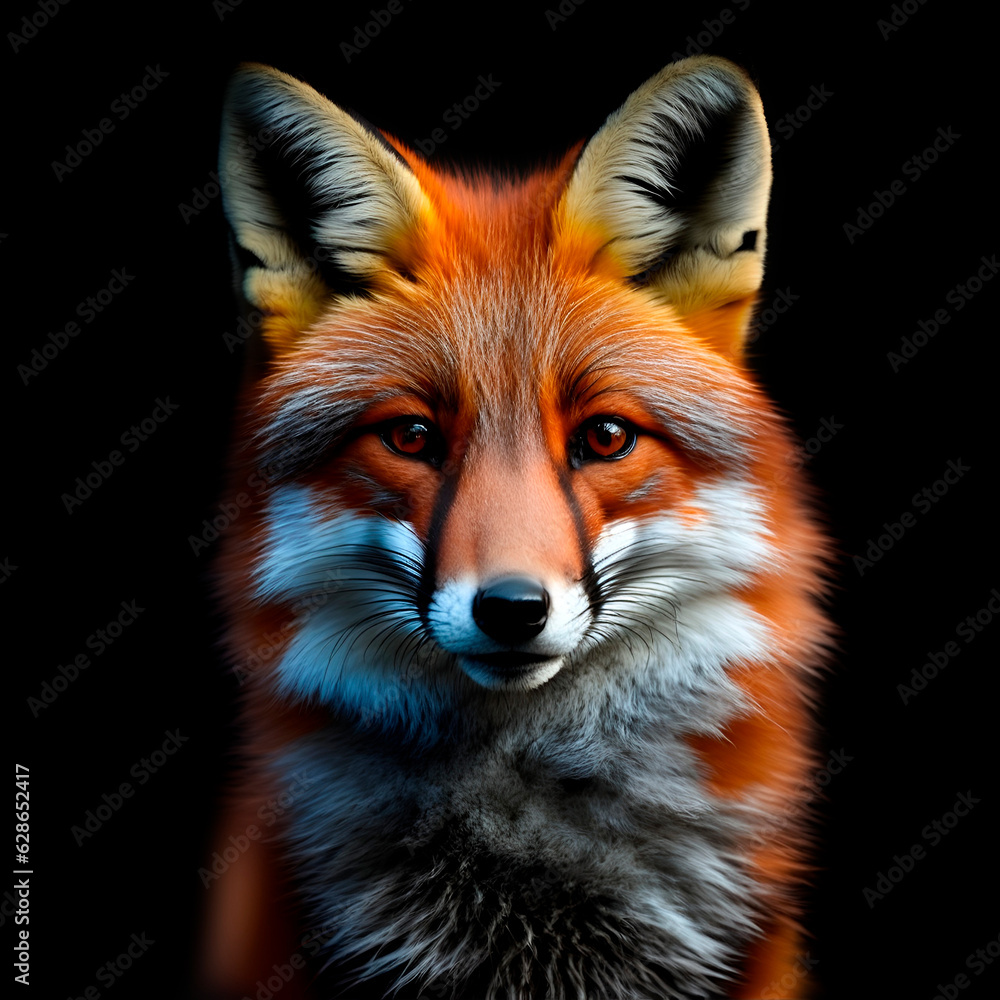 Retrato de un lobo en un fondo negro liso y aislado. Vista de frente y de cerca. Copy space. IA Generativa
