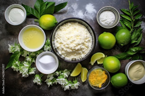 key lime pie ingredients arranged in a flat lay photo