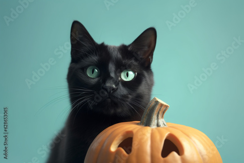 Front view of a cute Halloween black cat and a pumpkin isolated in a light pastel background