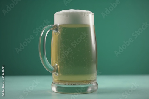 Front view of a beer mug isolated on a light pastel mint green background. Oktoberfest drink.