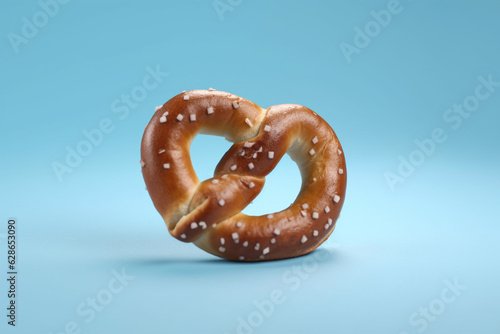Front view of a pretzel isolated on a light pastel blue background. Oktoberfest food.