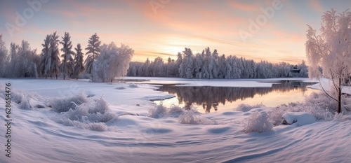 Pond and winter landscape in a wooded area on snowy day in panorama style. © OKAN