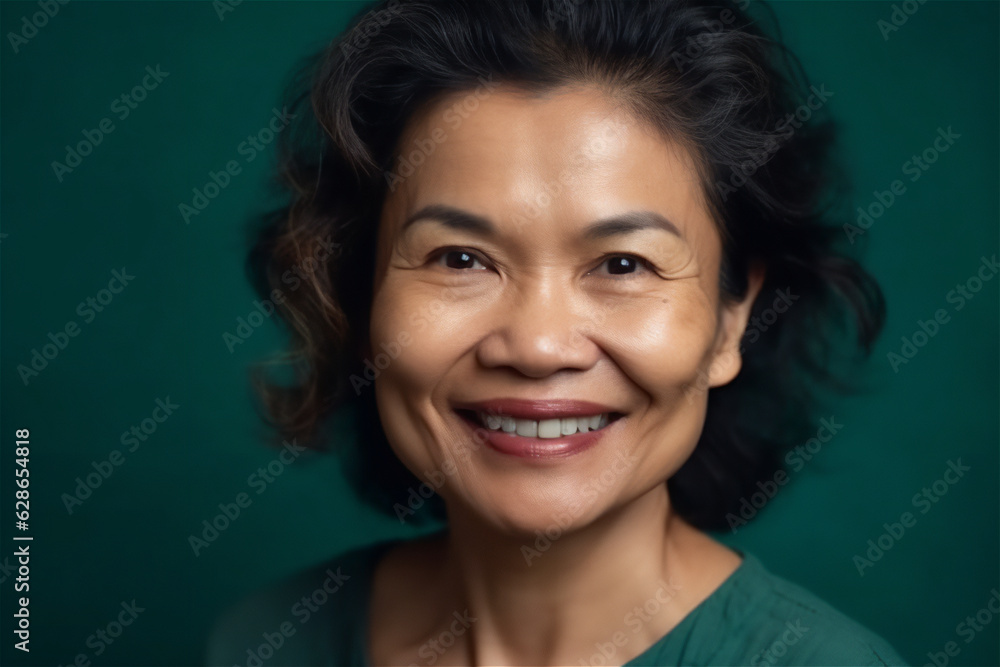 asian mature woman smiling on a dark green background asian mature woman smiling on a dark green background