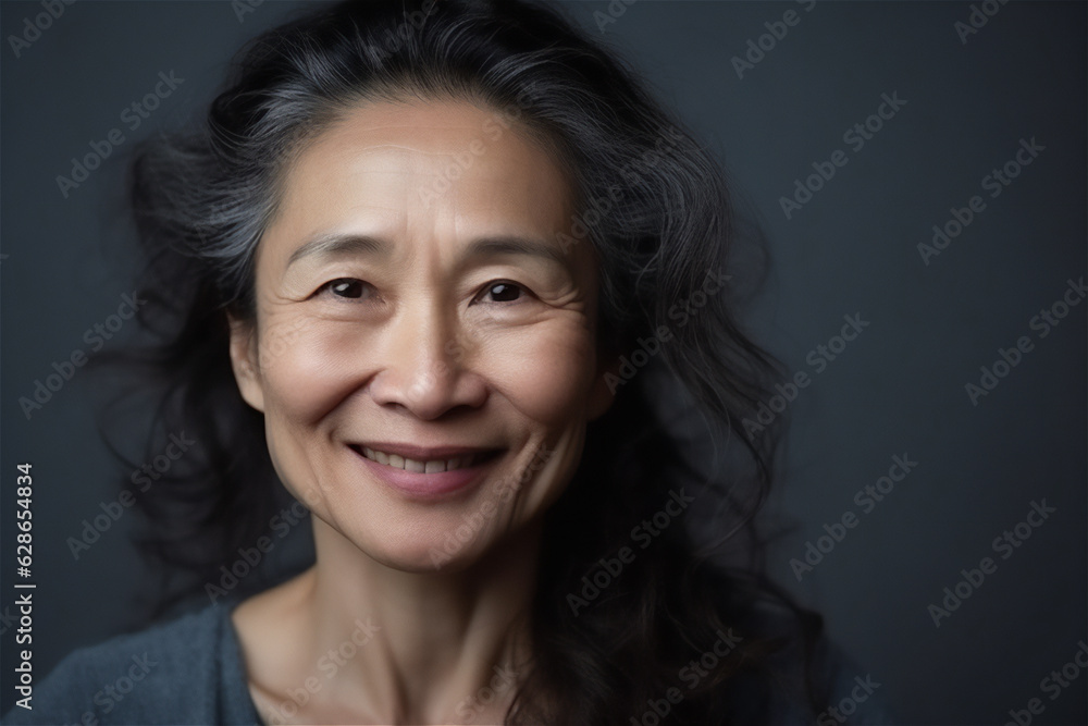 asian mature woman smiling on a grey background asian mature woman smiling on a grey background
