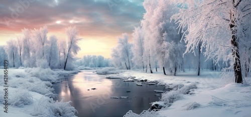 Pond and winter landscape in a wooded area on snowy day in panorama style. © OKAN