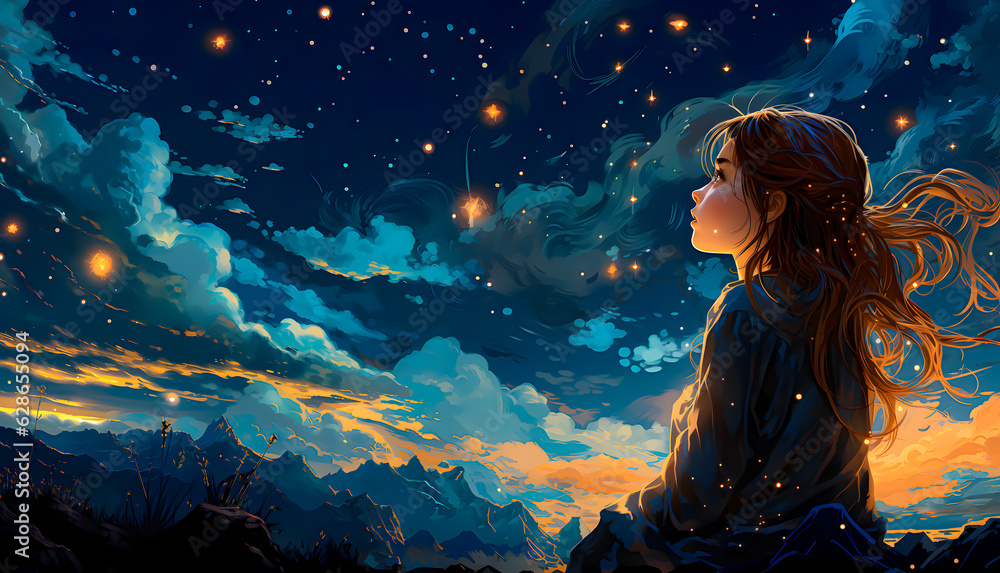 Girl watching the stars in night sky - Vector illustration
Girl watching the stars in night sky - Vector illustration