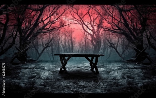 Spooky forest landscape with wooden table in halloween style at night illuminated by moonlight.