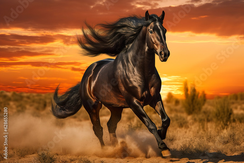 Beautiful black stallion running in the desert at sunset time.
